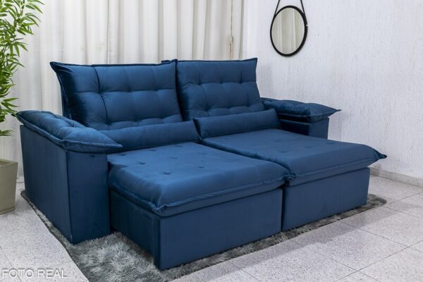 Sofá Retrátil Reclinável Emanuelly 2.30m Veludo Azul - D28 Soft