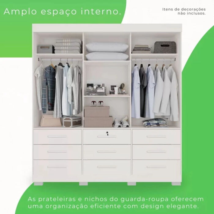 Roupeiro Casal Athenas Branco 3 Portas 9 Gavetas C/ Espelho e Pés Larg. 1.80m - Bianchi - Imagem 2