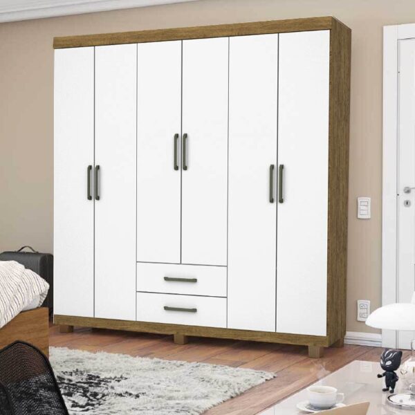 Roupeiro Solteiro Áries Cinamomo/Branco 6 Portas 2 Gavetas C/Pés Larg. 1.53m - Carioca