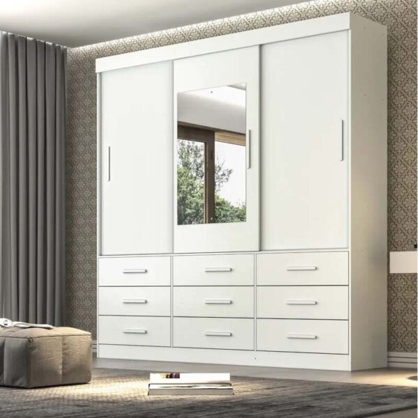 Guarda-Roupa Casal New Star 3 Portas 9 Gavetas Branco c/Espelho Larg. 1.80m Sallêto