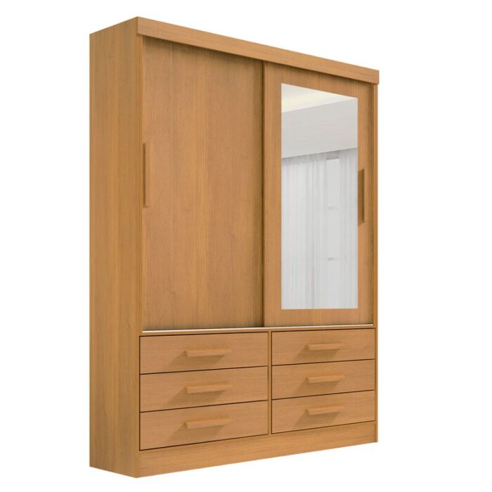 Roupeiro Solteiro Merídian Cinamomo 2 portas c/ 1 Espelho 6 Gavetas Larg. 1.35m - D Doro