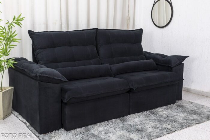 Sofá Retrátil Reclinável Emanuelly 2.30m Veludo Preto 21 - D28 Soft - Imagem 3