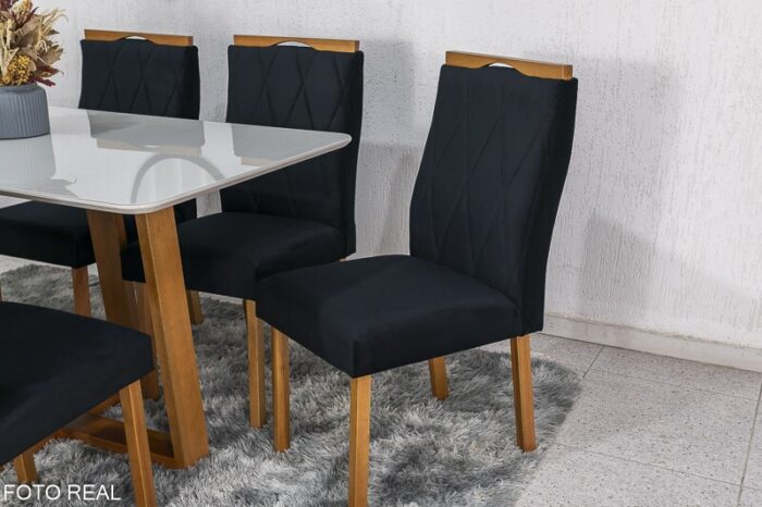 Mesa de Jantar Pedro Mel Vidro Off 160×80 6 Cadeiras Lisboa Veludo Preto 504 Madeira Maciça Art Assento - Entregue Montada - Imagem 4