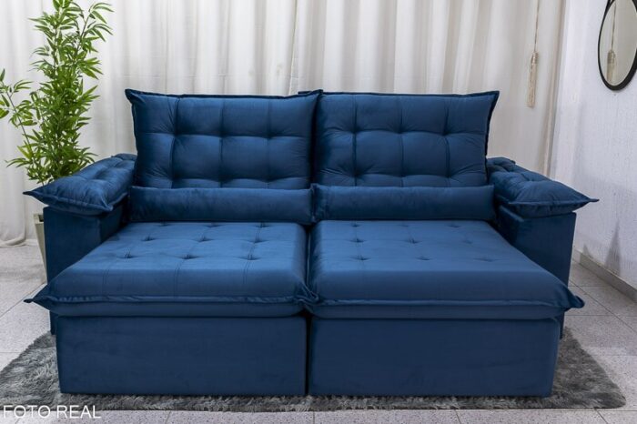 Sofá Retrátil Reclinável Emanuelly 2.00m Veludo Azul 03 D28 Soft - Imagem 4