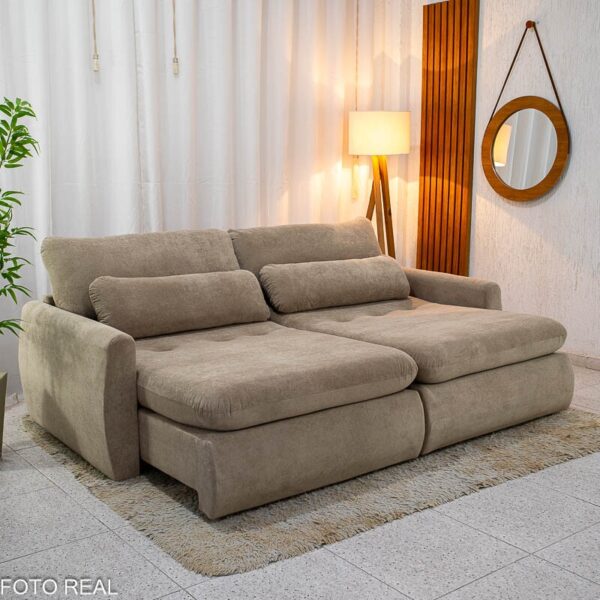 Sofá Retrátil e Cama Amaranto 2.30m Veludo Plush Bege - Sem Caixa