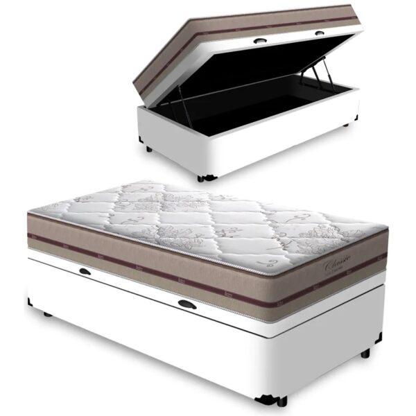 Colchão Solteiro Classic Ensacadas AG D70 Bege + Base Baú Biostar Branco – ANJOS + BIOSTAR