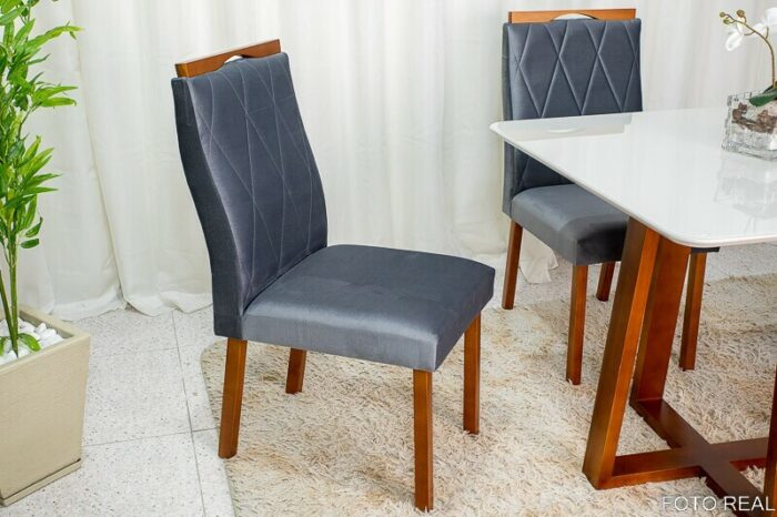 Mesa de Jantar Pedro Mel Vidro Off 90×90 4 Cadeiras Lisboa Veludo Cinza 507 Madeira Maciça Art Assento - Entregue Montada - Imagem 3