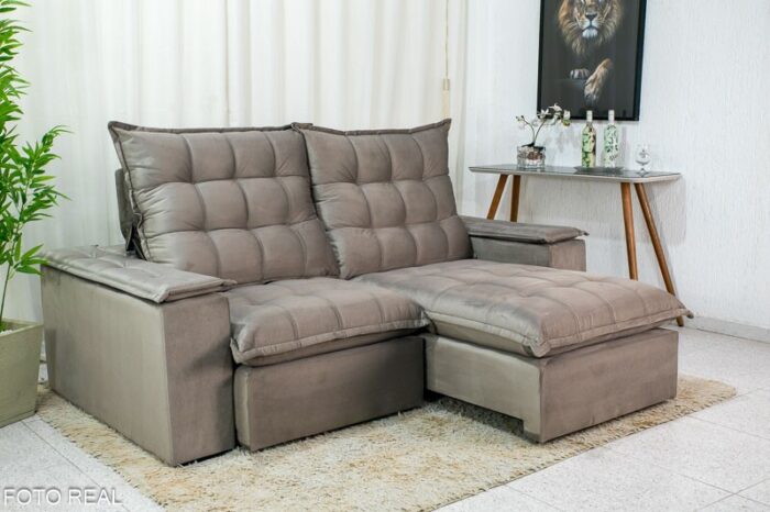 Sofá Retrátil Reclinável Atenas 2.10m Veludo Cinza 813 D33 e Molas Ensacadas - Imagem 8