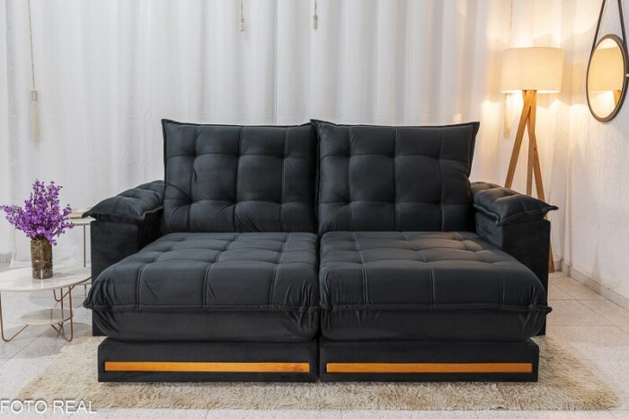 Sofá Retrátil Reclinável Barcelona 2.30m Veludo Preto 322 - D33 e Molas Ensacadas - Imagem 4