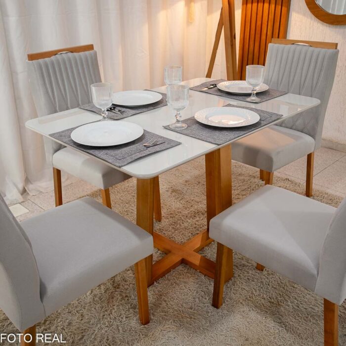 Mesa Pedro Mel Vidro OFF 120×80 4 Cadeiras Genova Veludo Prata 514 Madeira Maciça Art Assento - Entregue Montada - Imagem 3
