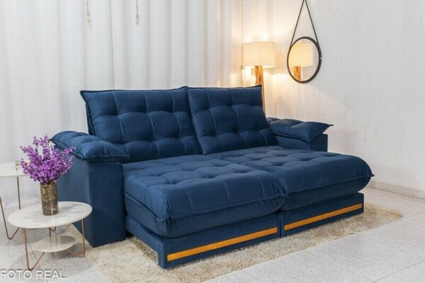 Sofá Retrátil Reclinável Barcelona 2.30m Veludo Azul 325 - D33 e Molas Ensacadas