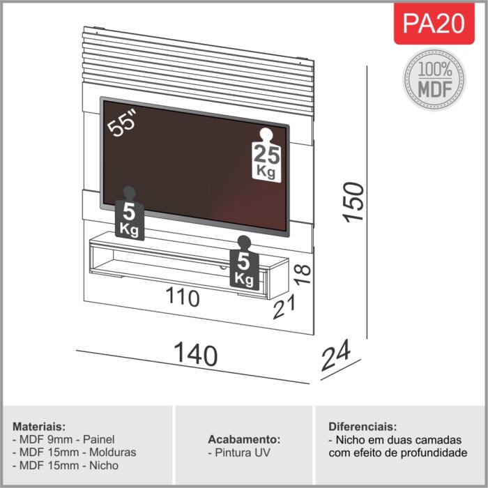 Painel p/ TV até 55” Antix – 100% MDF – P/ Tv Até 55'' – OffWhite/Freijó – DALLA COSTA - Imagem 3