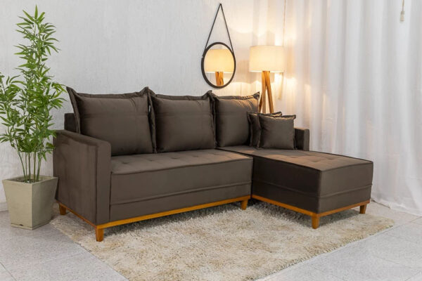 Sofá 3 Lug. Milão C/Chaise Lado Esquerdo Veludo Marrom 815 Larg. 2.30m - Molas Ensacadas