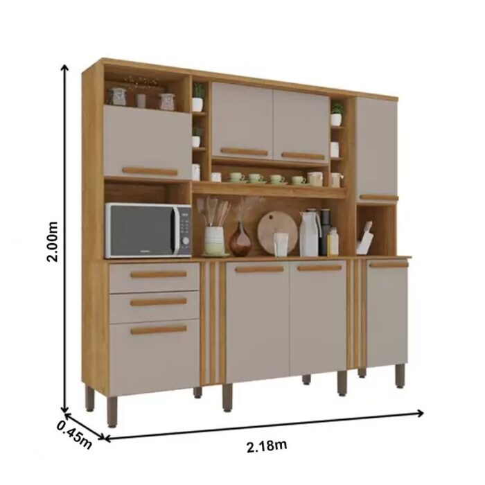 Armário Cozinha Acácia Cinamomo/Off 8 Portas 2 Gavetas Larg. 2.18m - Sallêto - Imagem 3