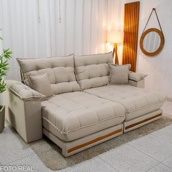 Sofá Retrátil Reclinável Barcelona 2.30m Linho Bege 459 C/ 2 Almofadas - D33 e Molas Ensacadas Pocket