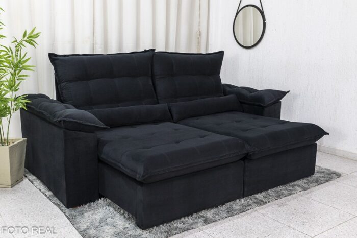 Sofá Retrátil Reclinável Emanuelly 2.30m Veludo Preto 21 - D28 Soft - Imagem 2