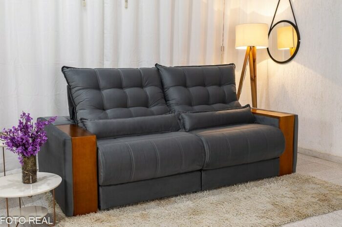 Sofá Retrátil Reclinável Gênova 2.30m Veludo Cinza 814 - Molas Ensacadas - Imagem 3
