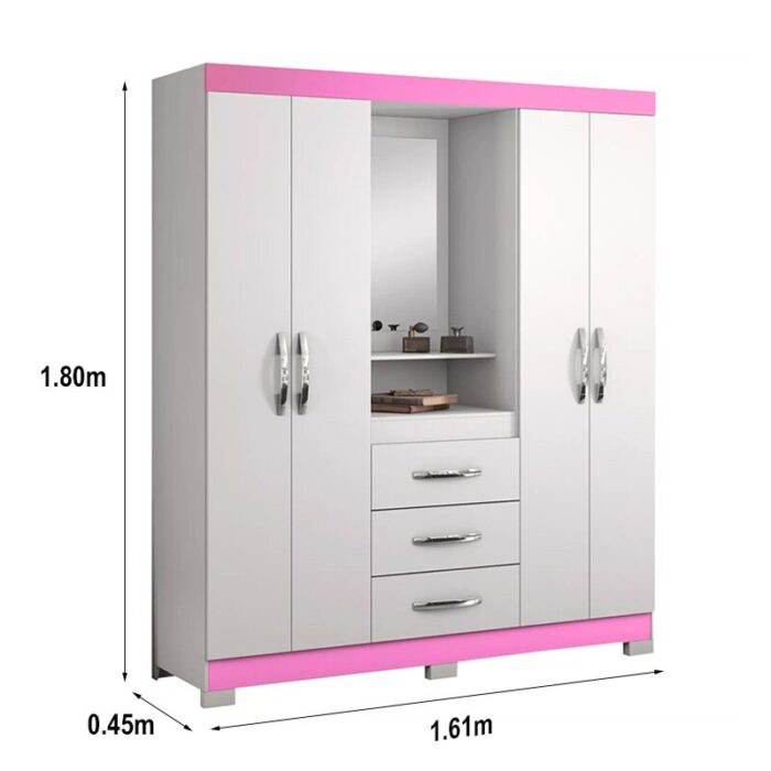 Roupeiro Solteiro NT 5015 Branco/Rosa 4 portas 3 Gavetas Flex C/Pés Larg. 1.61m - Notável - Imagem 3