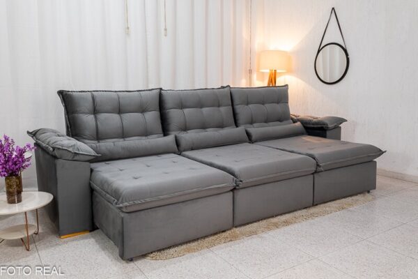 Sofá Retrátil Reclinável Emanuelly 3.20m Veludo Cinza 20 - D28 Soft