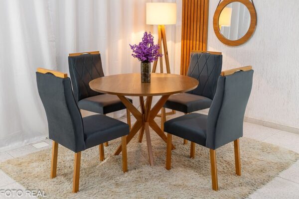 Mesa de Jantar Simpatia Tampo Redondo 108×108 Cinamomo JCM 4 Cad. Lisboa Veludo Cinza 507 Madeira Maciça Art Assento - Entregue Montada