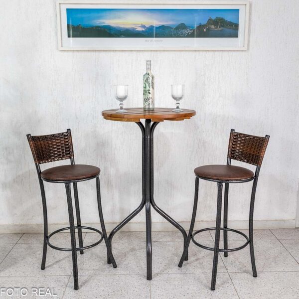 Mesa de Varanda Alta Goiás Tampo de Madeira Redonda + 2 Banquetas Panamá Marrom/Carvalho - Tubulares Teixeira