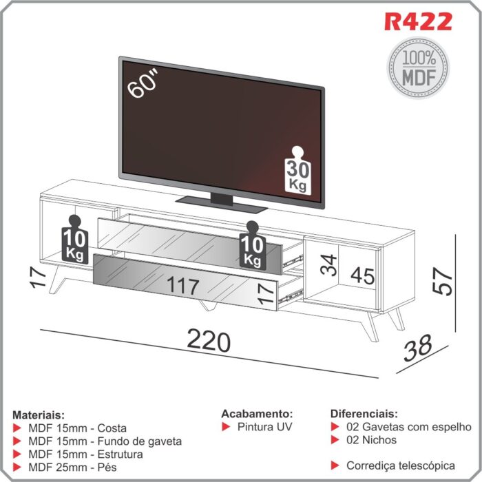 Rack até 60" Anita R422 Off White/Freijó - DALLA COSTA - Imagem 4