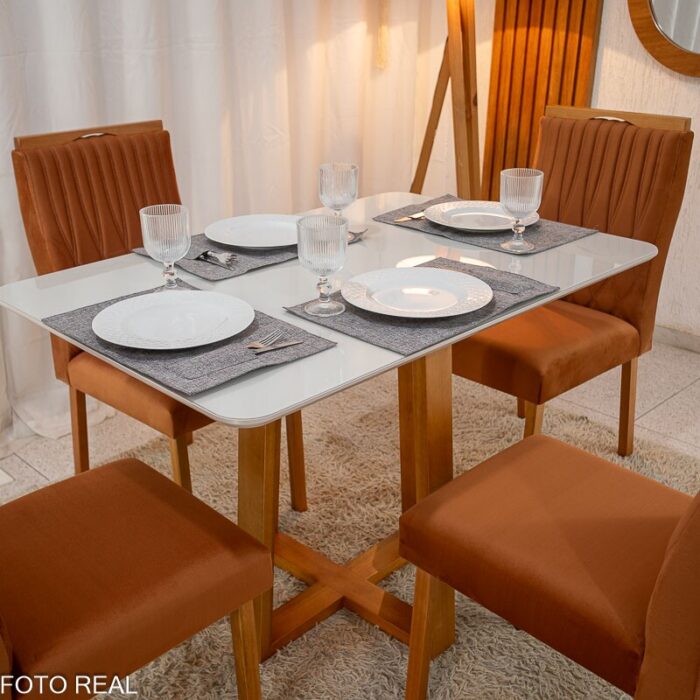 Mesa Pedro Mel Vidro OFF 120×80 4 Cadeiras Genova Veludo Terracota 513 Madeira Maciça Art Assento - Entregue Montada - Imagem 3