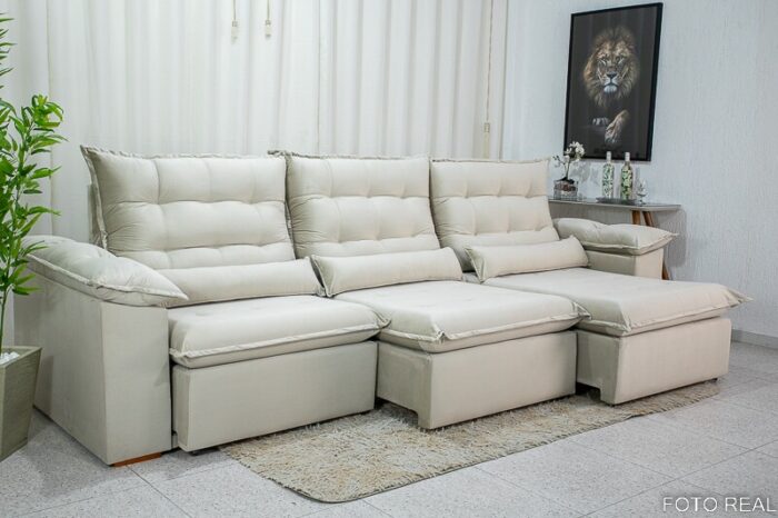 Sofá Retrátil Reclinável Emanuelly 3.20m Veludo Bege 01 - D28 Soft - Imagem 7