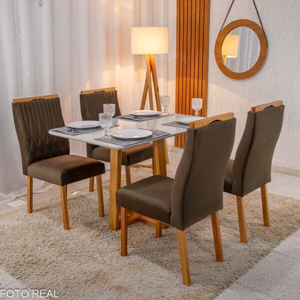 Mesa Pedro Mel Vidro OFF 120×80 4 Cadeiras Genova Veludo Marrom 509 Madeira Maciça Art Assento - Entregue Montada