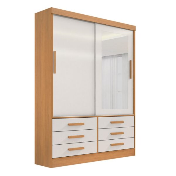 Roupeiro Solteiro Merídian Cinamomo/Off 2 portas c/ 1 Espelho 6 Gavetas Larg. 1.35m - D Doro