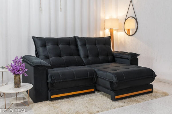 Sofá Retrátil Reclinável Barcelona 2.50m Veludo Preto 322 - D33 e Molas Ensacadas