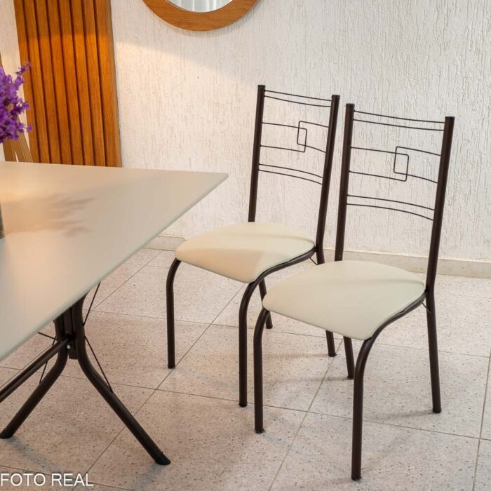 Mesa Paraty Base Cabo Frio Marrom Tampo Pedra Off 140×75 6 Cadeiras Paraty Assento Creme - Teixeira - Imagem 4