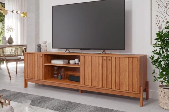 Rack Holanda Cinamomo Ripado 100% MDF Larg. 2.05m + Painel Maragogi Cinamomo Ripado 100% MDF Larg. 2.30m - Permobili - Imagem 4