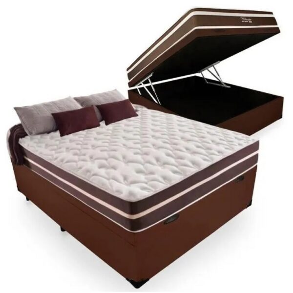 Colchão Casal Classic Superlastic D26 + Base Box Baú Corino Marrom – ANJOS + ALTO NÍVEL CAMAS E COLCHÕES