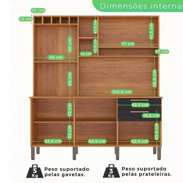 Armário Cozinha New Topázio Cinamomo/Preto 6 Portas 2 Gavetas Larg. 1.65m - Sallêto - Imagem 4