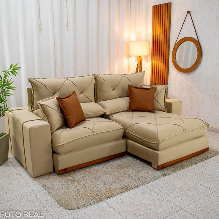 Sofá Retrátil Reclinável Gran Bello 2.50m Veludo Bege 01 - D33 e Molas Ensacadas Pocket - Imagem 5