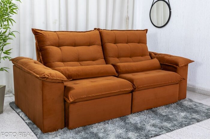 Sofá Retrátil Reclinável Emanuelly 2.00m Veludo Terracota 24 - D28 Soft e Molas bonnel - Imagem 3