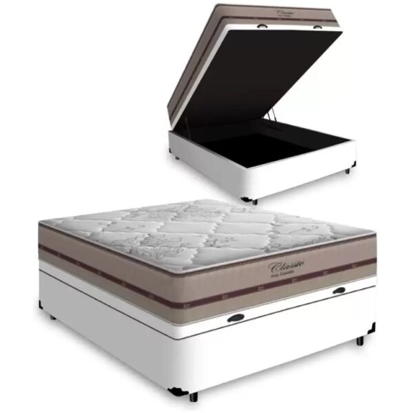 Colchão Casal Classic Ensacadas AG D70 Bege + Base Baú Biostar Branco - ANJOS + BIOSTAR