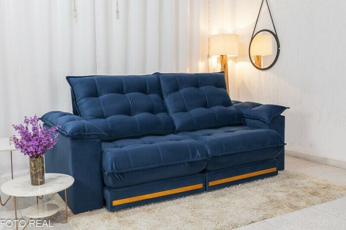 Sofá Retrátil Reclinável Barcelona 2.30m Veludo Azul 325 - D33 e Molas Ensacadas - Imagem 3