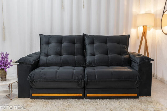 Sofá Retrátil Reclinável Barcelona 2.50m Veludo Preto 322 - D33 e Molas Ensacadas - Imagem 5