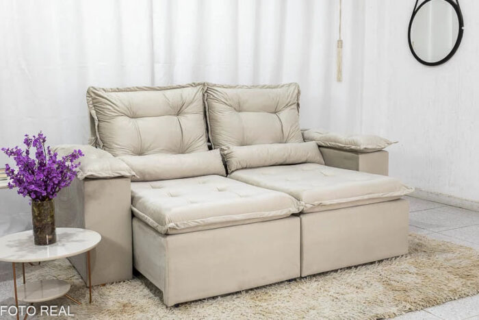 Sofá Retrátil Reclinável Grécia Veludo Bege Larg. 2.00m + Rack Lazuli Off TV até 55 Polegadas Larg. 1.35m - Bechara - Imagem 3