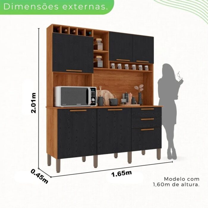 Armário Cozinha New Topázio Cinamomo/Preto 6 Portas 2 Gavetas Larg. 1.65m - Sallêto - Imagem 3