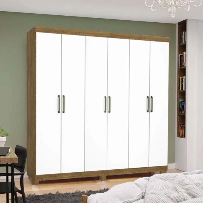 Roupeiro Solteiro Recife Cinamomo/Branco 6 Portas 2 Gavetas  C/Pés Larg. 1.53m - Carioca