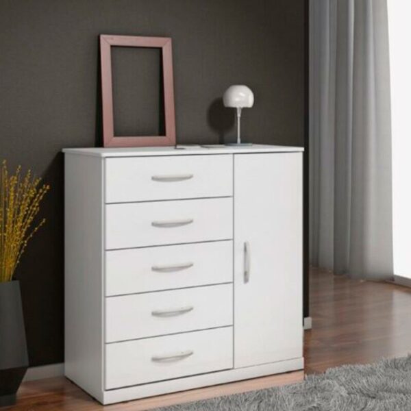 Cômoda Vane 012 Branco 5 Gavetas 1 Porta Larg. 0.92m - JL Móveis