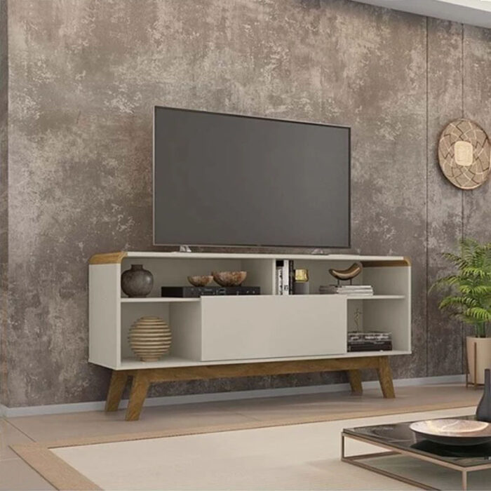 Sofá Retrátil Reclinável Grécia Veludo Bege Larg. 2.00m + Rack Lazuli Off TV até 55 Polegadas Larg. 1.35m - Bechara - Imagem 2