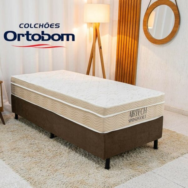Box Solt. Sued Marrom Nosso Sonho + Colchão Solt. Airtech Springpocket 88x188x25 Molas Ensacadas - Ortobom