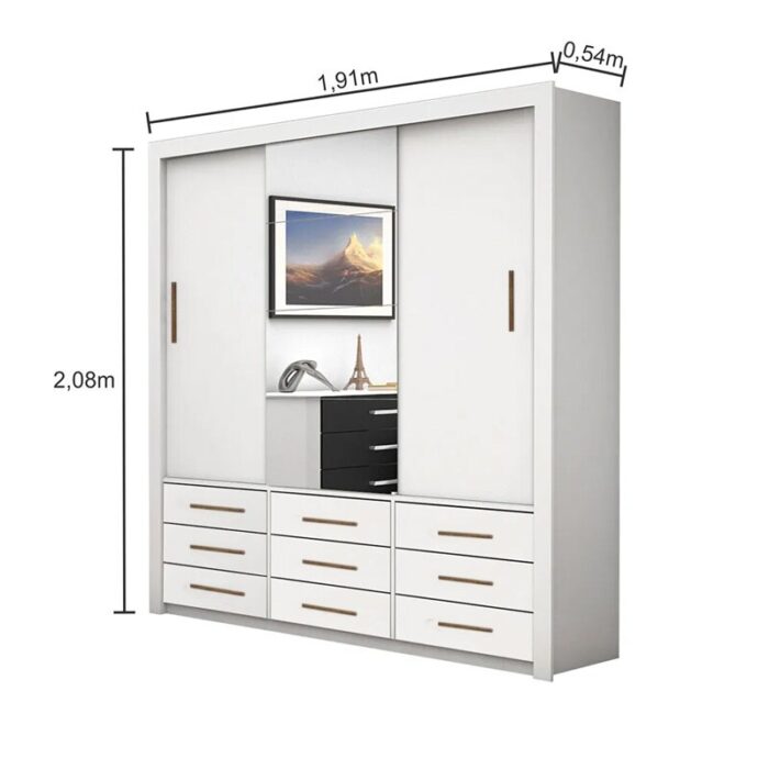 Roupeiro Anjos Branco 3 Portas 9 Gavetas C/ 1 Espelho Larg. 1.91m - Carioca Móveis - Imagem 4