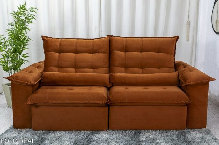 Sofá Retrátil Reclinável Emanuelly 2.00m Veludo Terracota 24 - D28 Soft e Molas bonnel - Imagem 5
