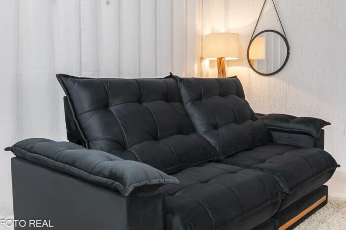 Sofá Retrátil Reclinável Barcelona 2.50m Veludo Preto 322 - D33 e Molas Ensacadas - Imagem 6