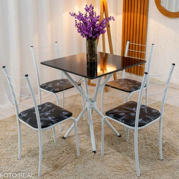Mesa Rio Base Ipanema Branco Tampo Preto 68X68 MDF 4 Cadeiras Rio Assento Preto - Teixeira